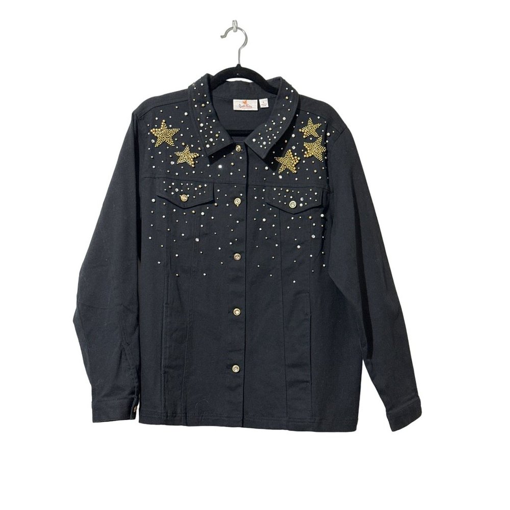 Quacker Factory size L black with gold white star beading rhinestone jean jacket